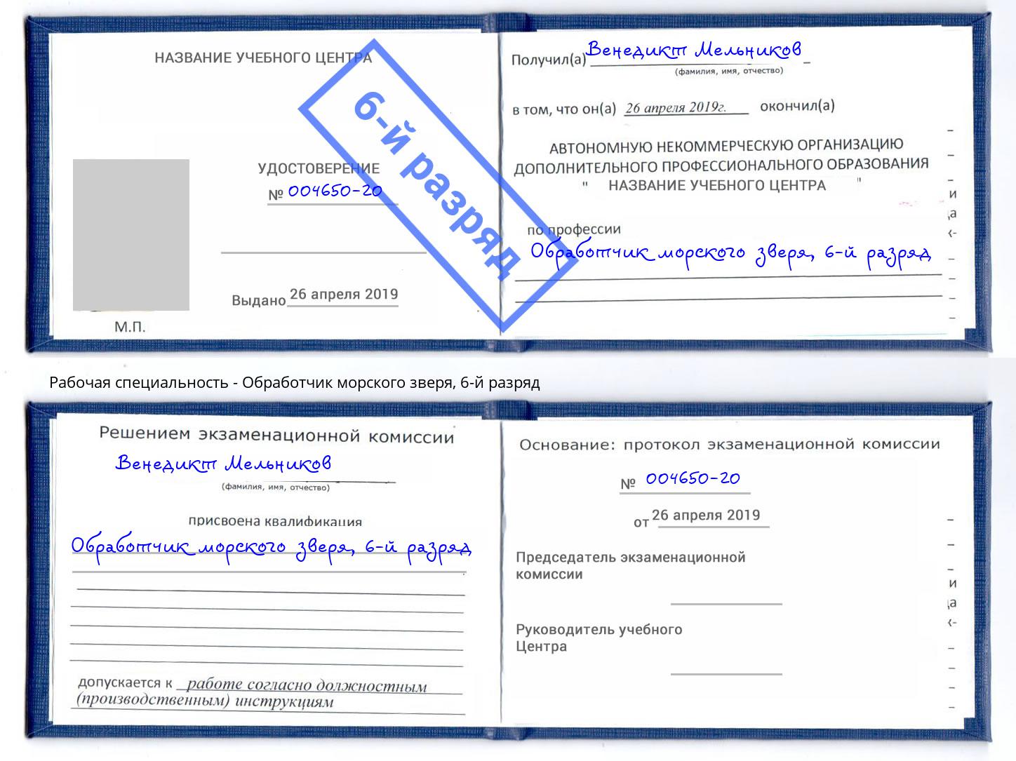 корочка 6-й разряд Обработчик морского зверя Гатчина