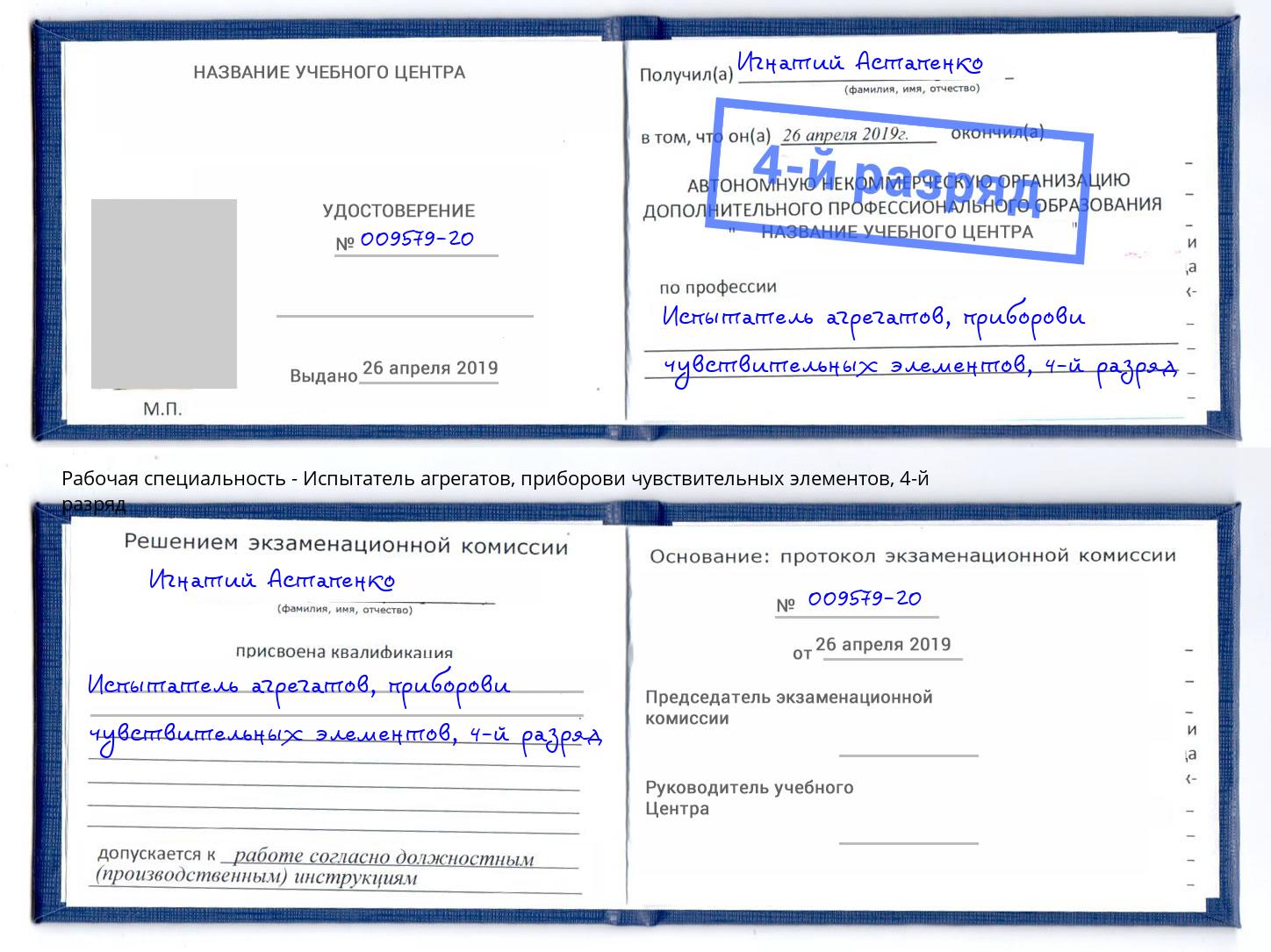 корочка 4-й разряд Испытатель агрегатов, приборови чувствительных элементов Гатчина