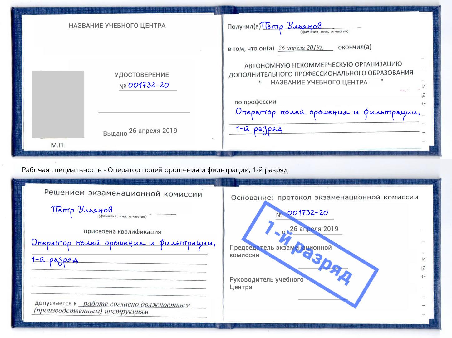 корочка 1-й разряд Оператор полей орошения и фильтрации Гатчина