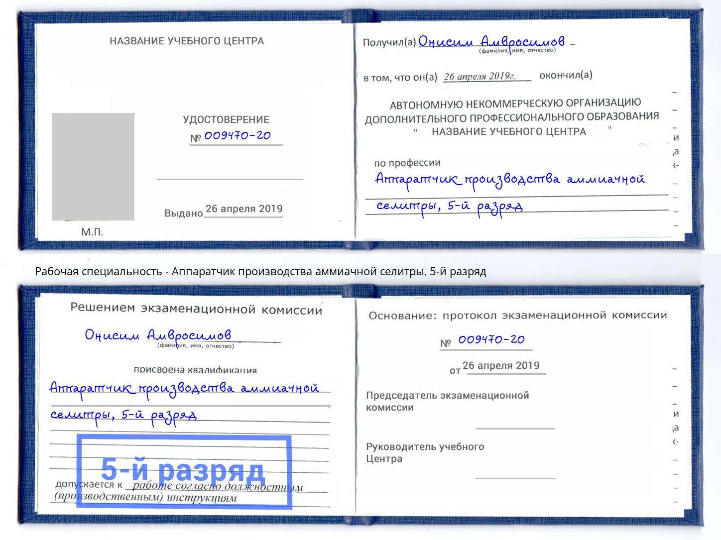 корочка 5-й разряд Аппаратчик производства аммиачной селитры Гатчина