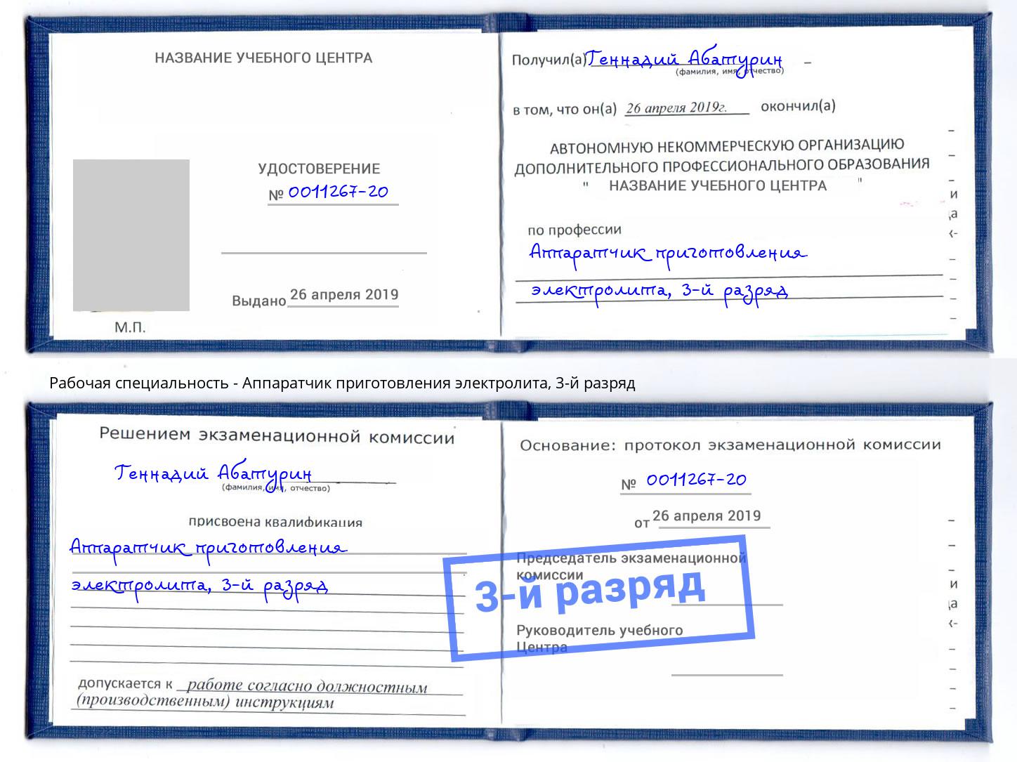 корочка 3-й разряд Аппаратчик приготовления электролита Гатчина