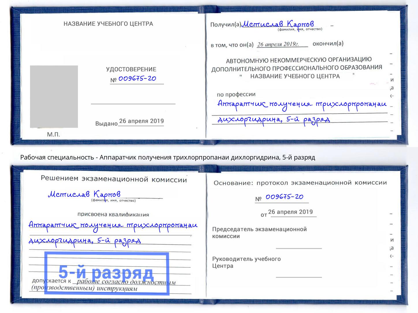 корочка 5-й разряд Аппаратчик получения трихлорпропанаи дихлоргидрина Гатчина