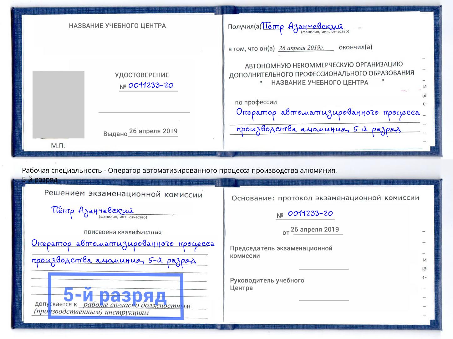 корочка 5-й разряд Оператор автоматизированного процесса производства алюминия Гатчина