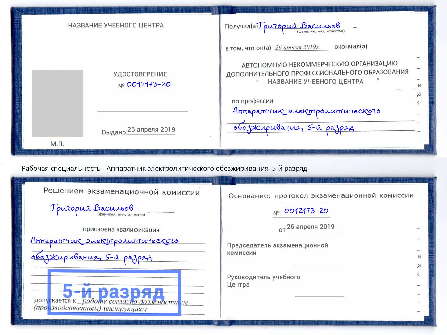 корочка 5-й разряд Аппаратчик электролитического обезжиривания Гатчина